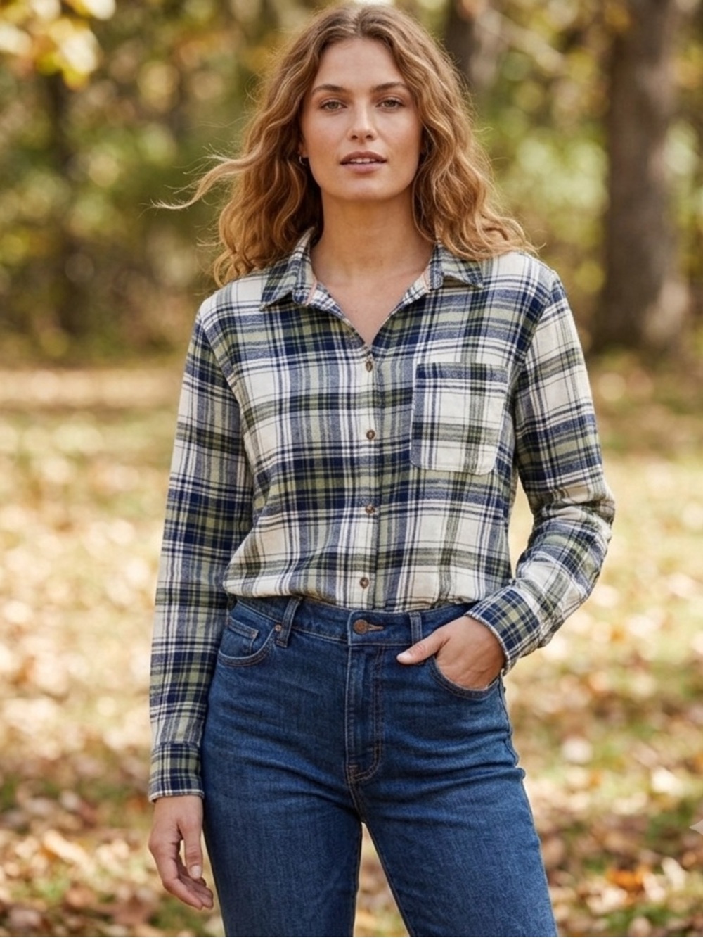 Love Tree Plaid Flannel Button-Down Shirt, Cream Green Blue, Women’s Size Medium